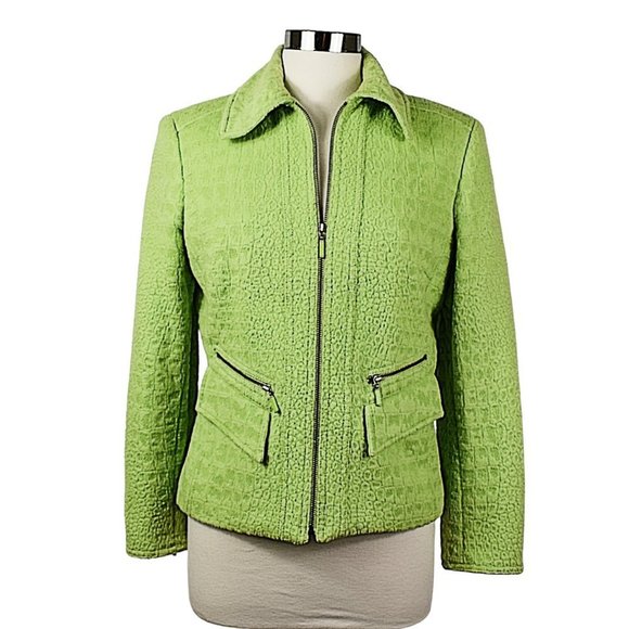 Unique Carlisle Green Angora-Wool Blend Embossed Moto Zip Jacket - Picture 11 of 11